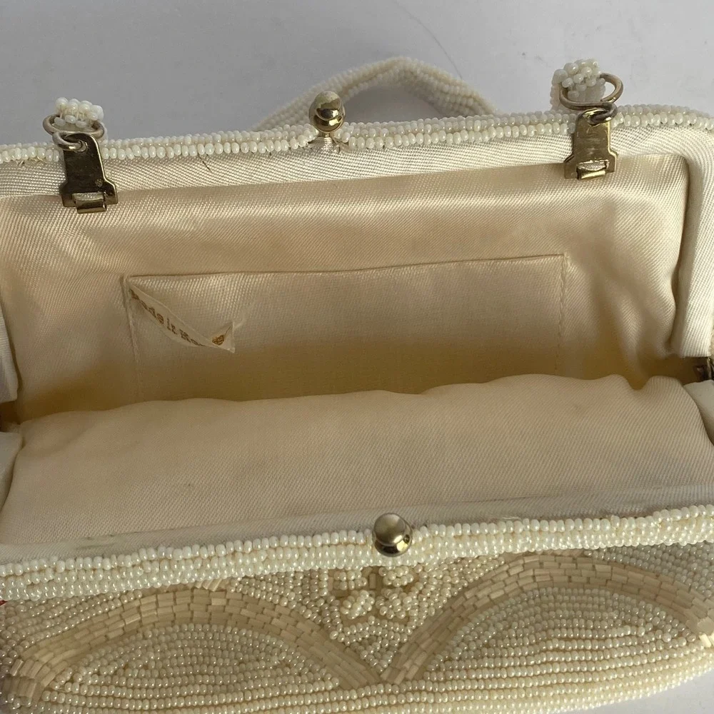 Beaded Evening Bag Women Small White Excellent Vintage Scalloped Fan Korea